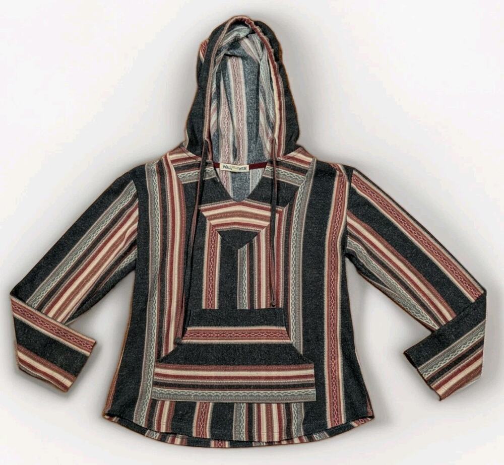 Wallflower Womens S Baja Hoodie Striped Drug Rug Boho Pullover Kangaroo Pocket